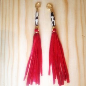 Red leather fringe earrings